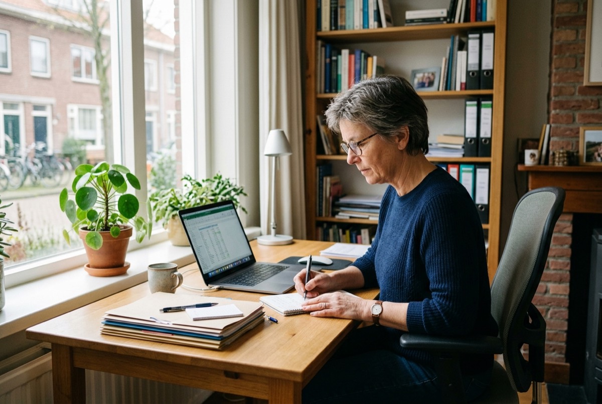 Boekhouder werkt aan een bureau met laptop en mappen