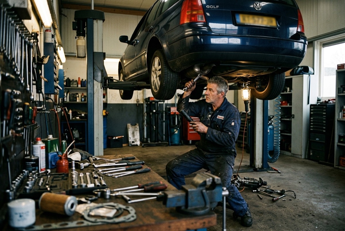 Monteur werkt aan een auto op de brug in een garage